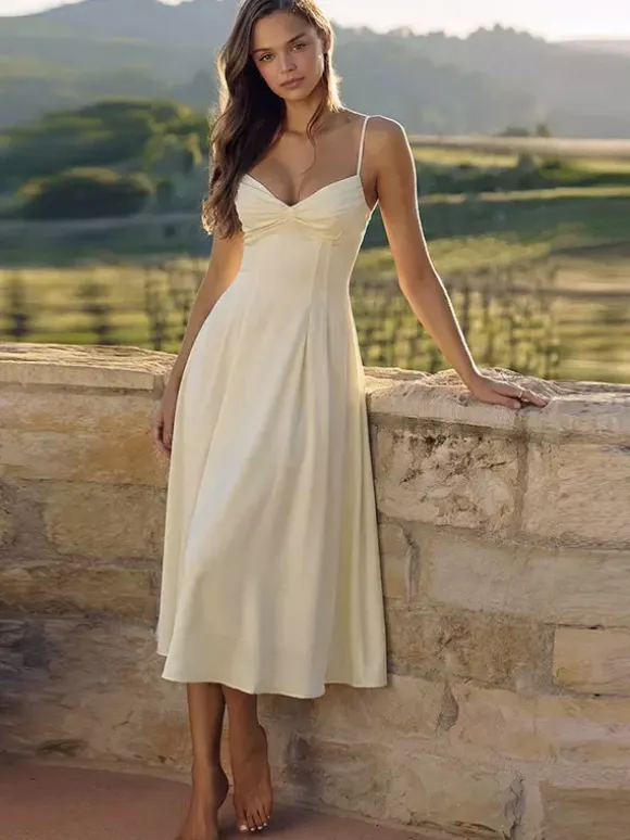 Daily Dresses Maxi Sleeveless Straps Neck Raised Waist Sexy Backless Pleated Apricot Dress
