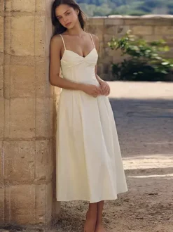 Daily Dresses Maxi Sleeveless Straps Neck Raised Waist Sexy Backless Pleated Apricot Dress