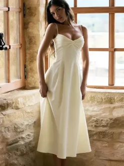 Daily Dresses Maxi Sleeveless Straps Neck Raised Waist Sexy Backless Pleated Apricot Dress