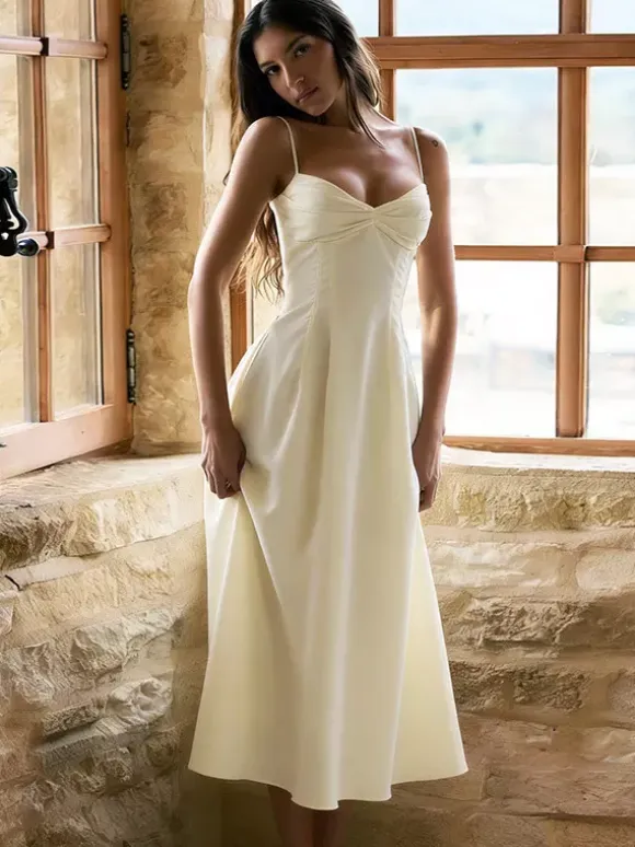 Daily Dresses Maxi Sleeveless Straps Neck Raised Waist Sexy Backless Pleated Apricot Dress