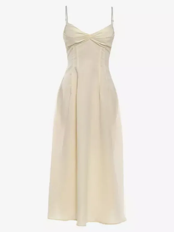 Daily Dresses Maxi Sleeveless Straps Neck Raised Waist Sexy Backless Pleated Apricot Dress