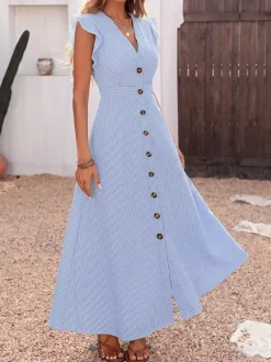 Daily Dresses Maxi Woman's Dress Short Sleeves V-Neck Natural Waist Sweet Buttons Blue Dress