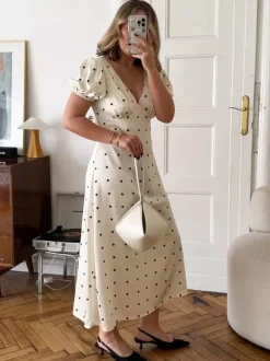 Daily Dresses Maxi Woman's Short Sleeves V-Neck Casual Apricot Summer Dress
