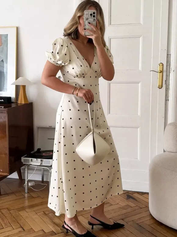 Daily Dresses Maxi Woman's Short Sleeves V-Neck Casual Apricot Summer Dress
