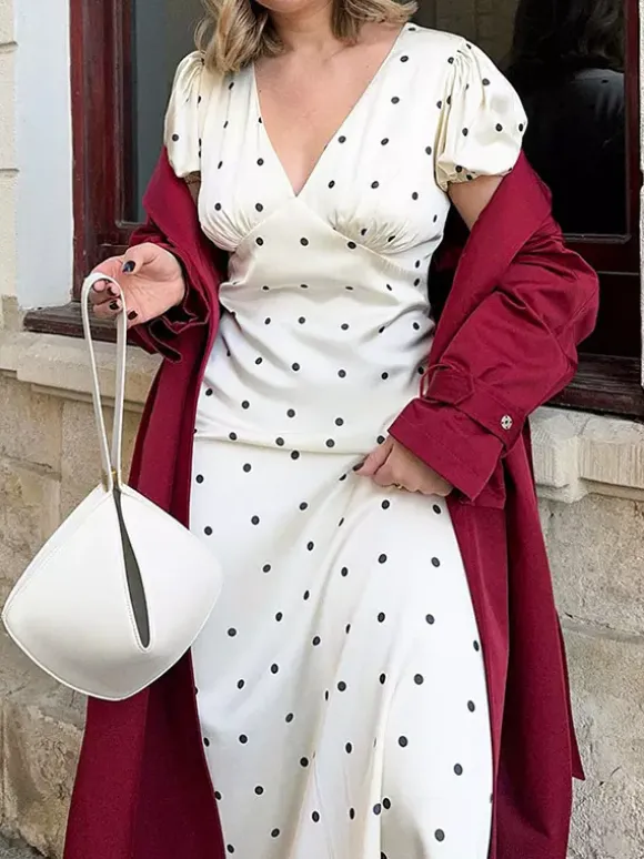 Daily Dresses Maxi Woman's Short Sleeves V-Neck Casual Apricot Summer Dress