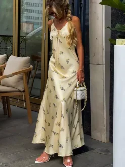 Daily Dresses Maxi Woman's Sleeveless Backless Straps Neck Chic Apricot Summer Dress