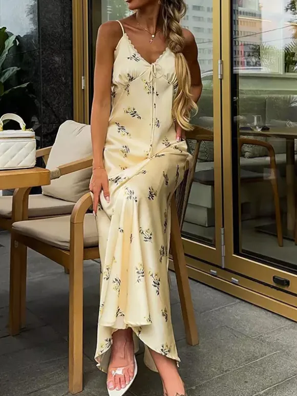 Daily Dresses Maxi Woman's Sleeveless Backless Straps Neck Chic Apricot Summer Dress
