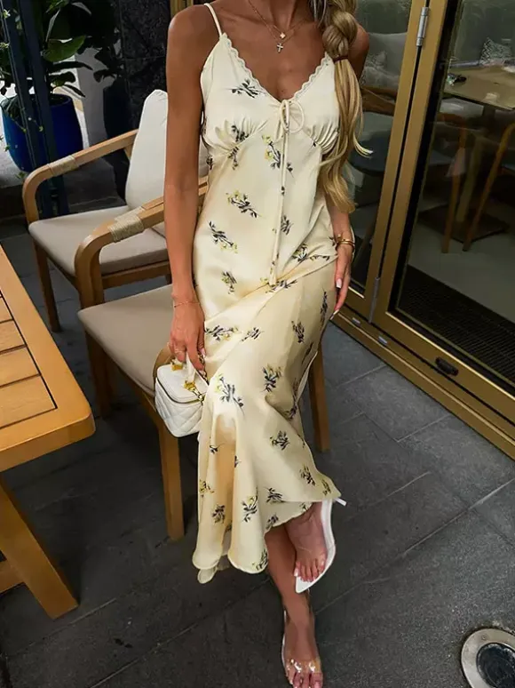 Daily Dresses Maxi Woman's Sleeveless Backless Straps Neck Chic Apricot Summer Dress
