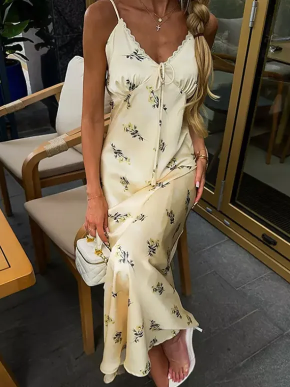 Daily Dresses Maxi Woman's Sleeveless Backless Straps Neck Chic Apricot Summer Dress