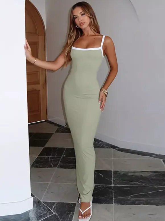 Daily Dresses Maxi Women's Dress Sleeveless U-Neck Raised Waist Sexy Backless Green Dress