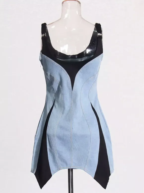 Daily Dresses Mini Daily Sleeveless U-Neck Raised Waist Blue Dress