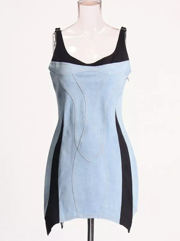 Daily Dresses Mini Daily Sleeveless U-Neck Raised Waist Blue Dress