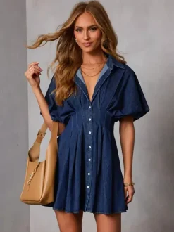 Daily Dresses Mini For Women Short Sleeves Turndown Collar Raised Waist Casual Deep Blue Dress