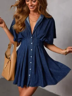 Daily Dresses Mini For Women Short Sleeves Turndown Collar Raised Waist Casual Deep Blue Dress