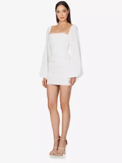 Daily Dresses Mini Green Pleated Long Sleeves Square Neck Glossy Satin Off Shoulder Ruched Slim Party Club Dress