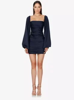 Daily Dresses Mini Green Pleated Long Sleeves Square Neck Glossy Satin Off Shoulder Ruched Slim Party Club Dress