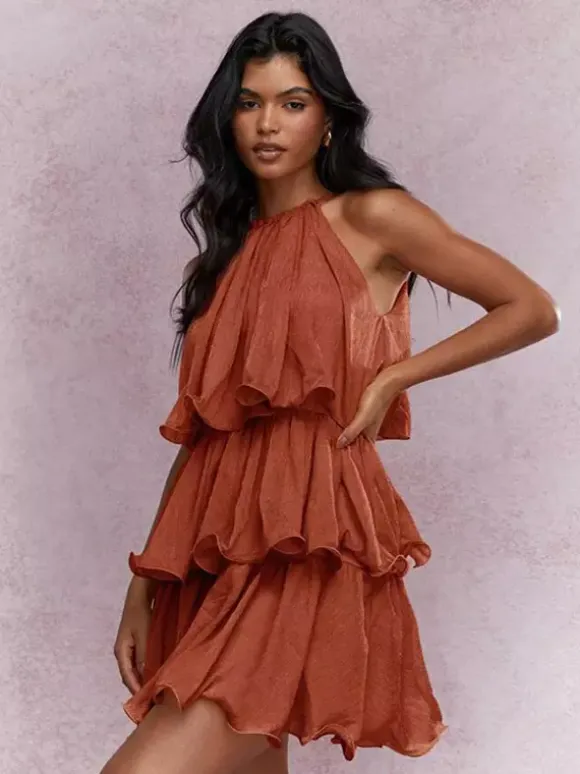 Daily Dresses Mini Orange Red Tiered Sleeveless Raised Waist Dress