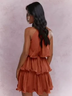 Daily Dresses Mini Orange Red Tiered Sleeveless Raised Waist Dress