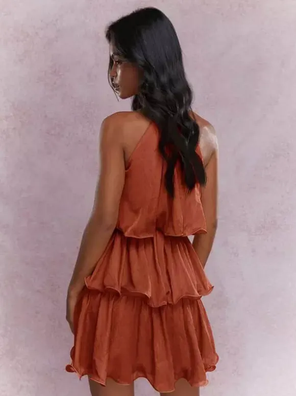 Daily Dresses Mini Orange Red Tiered Sleeveless Raised Waist Dress