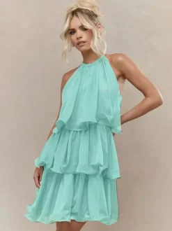 Daily Dresses Mini Orange Red Tiered Sleeveless Raised Waist Dress