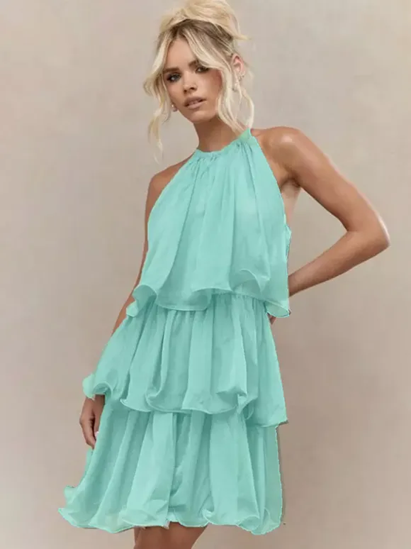Daily Dresses Mini Orange Red Tiered Sleeveless Raised Waist Dress