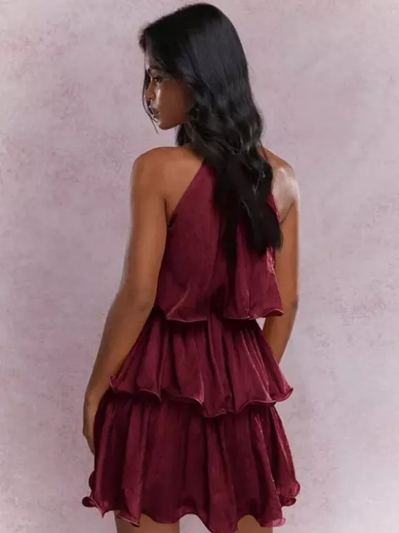 Daily Dresses Mini Orange Red Tiered Sleeveless Raised Waist Dress