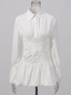 Daily Dresses Mini White Buttons Long Sleeves Turndown Collar Dress