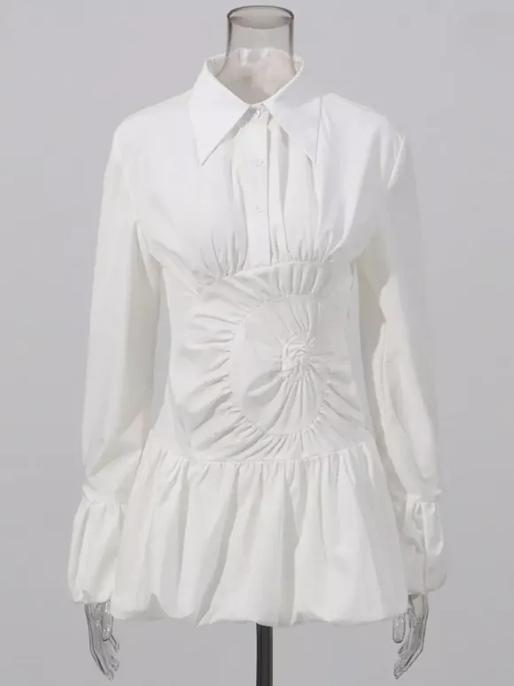 Daily Dresses Mini White Buttons Long Sleeves Turndown Collar Dress