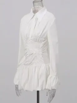 Daily Dresses Mini White Buttons Long Sleeves Turndown Collar Dress