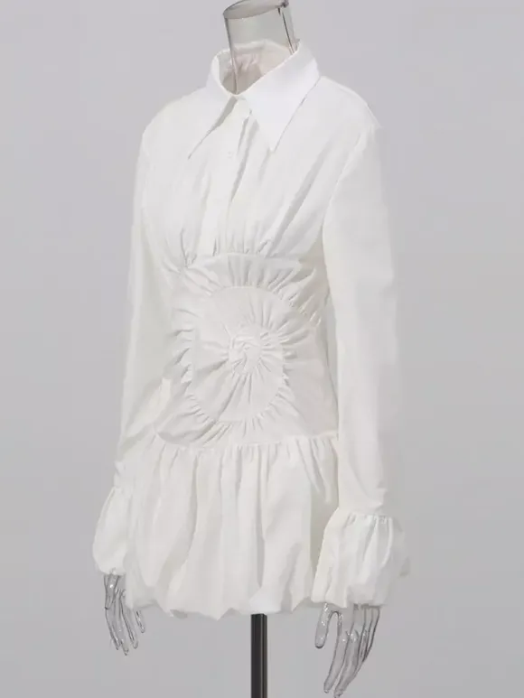 Daily Dresses Mini White Buttons Long Sleeves Turndown Collar Dress