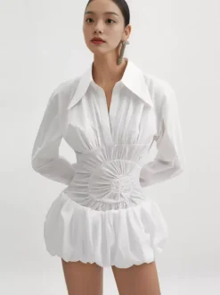 Daily Dresses Mini White Buttons Long Sleeves Turndown Collar Dress