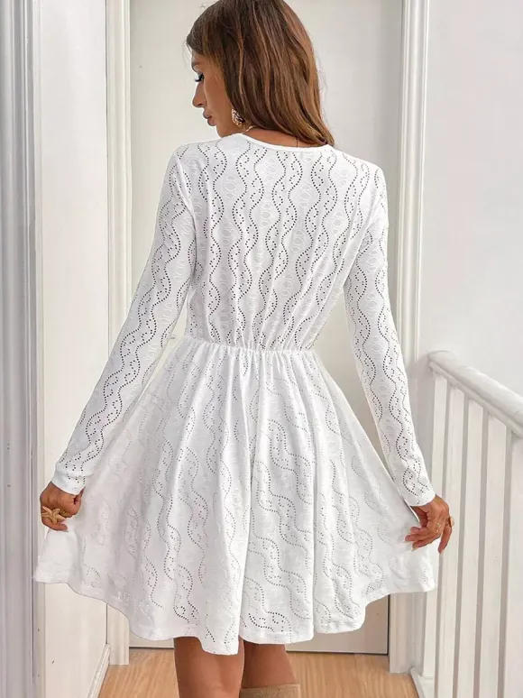 Daily Dresses Mini Woman's Dress Long Sleeves V-Neck Raised Waist Casual Lace White Dress