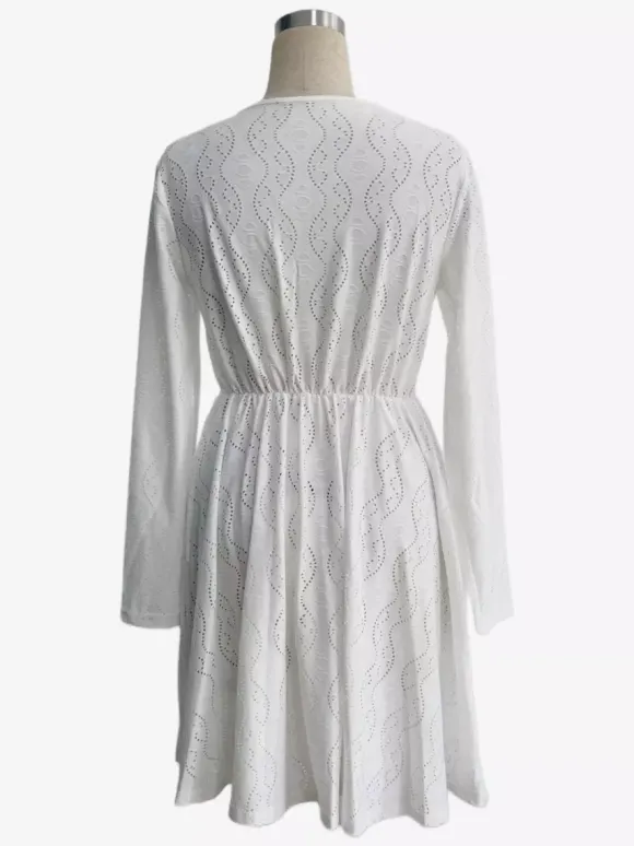 Daily Dresses Mini Woman's Dress Long Sleeves V-Neck Raised Waist Casual Lace White Dress