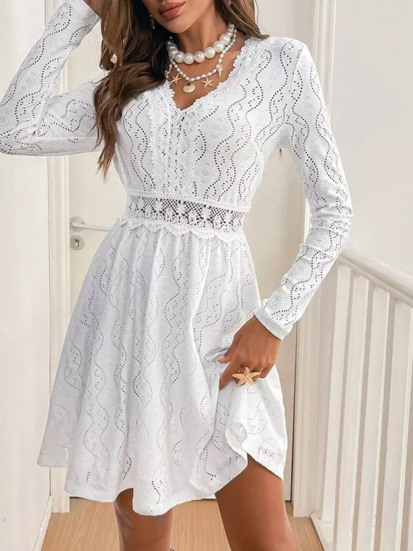 Daily Dresses Mini Woman's Dress Long Sleeves V-Neck Raised Waist Casual Lace White Dress