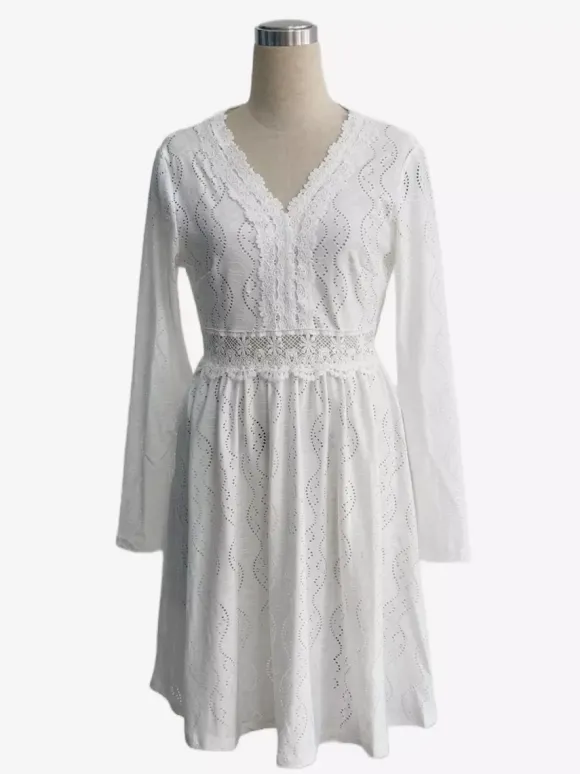 Daily Dresses Mini Woman's Dress Long Sleeves V-Neck Raised Waist Casual Lace White Dress