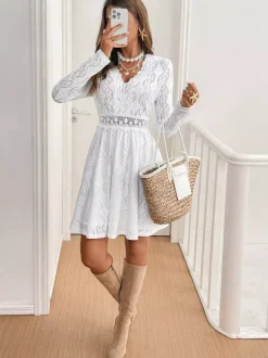 Daily Dresses Mini Woman's Dress Long Sleeves V-Neck Raised Waist Casual Lace White Dress