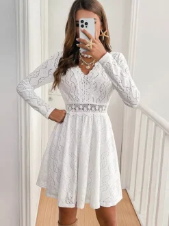 Daily Dresses Mini Woman's Dress Long Sleeves V-Neck Raised Waist Casual Lace White Dress