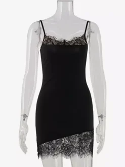 Daily Dresses Spaghetti Strap Eyelash Lace Trim Asymmetrical Hem Bodycon Mini Dress