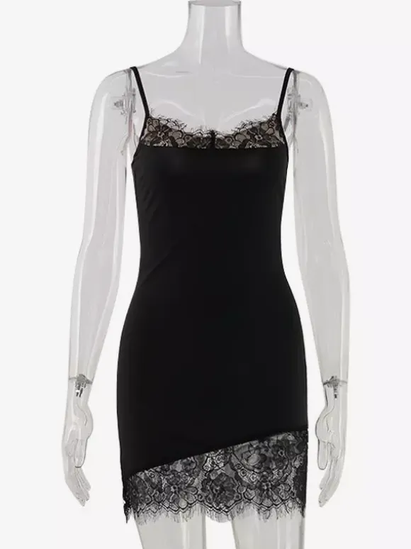 Daily Dresses Spaghetti Strap Eyelash Lace Trim Asymmetrical Hem Bodycon Mini Dress