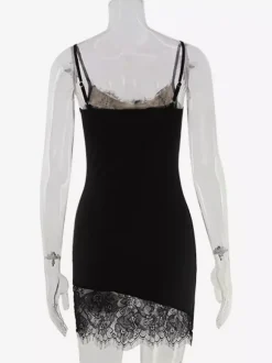 Daily Dresses Spaghetti Strap Eyelash Lace Trim Asymmetrical Hem Bodycon Mini Dress