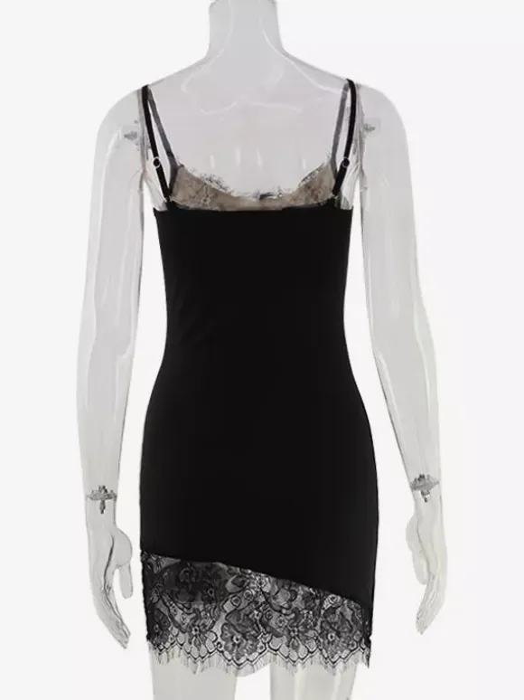 Daily Dresses Spaghetti Strap Eyelash Lace Trim Asymmetrical Hem Bodycon Mini Dress