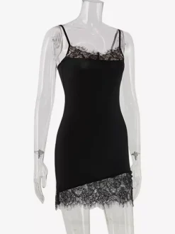 Daily Dresses Spaghetti Strap Eyelash Lace Trim Asymmetrical Hem Bodycon Mini Dress