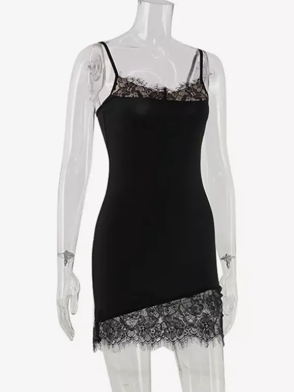 Daily Dresses Spaghetti Strap Eyelash Lace Trim Asymmetrical Hem Bodycon Mini Dress