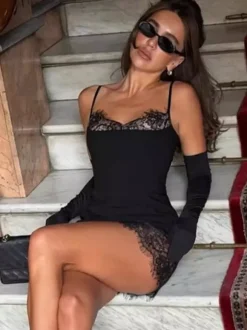 Daily Dresses Spaghetti Strap Eyelash Lace Trim Asymmetrical Hem Bodycon Mini Dress