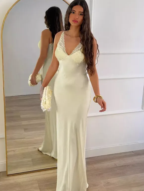 Daily Dresses Woman's Maxi Sleeveless V-Neck Sexy Apricot Dress