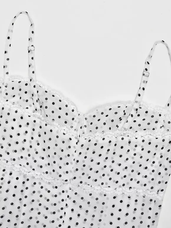 Daily Dresses Woman's Midi Dress Black Polyester Sleeveless Straps Neck Polka Dot Dress