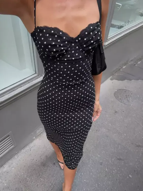 Daily Dresses Woman's Midi Dress Black Polyester Sleeveless Straps Neck Polka Dot Dress