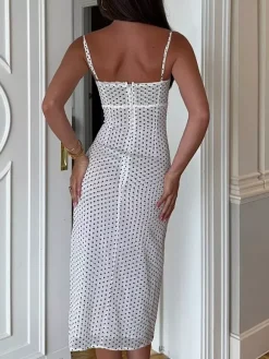 Daily Dresses Woman's Midi Dress Black Polyester Sleeveless Straps Neck Polka Dot Dress