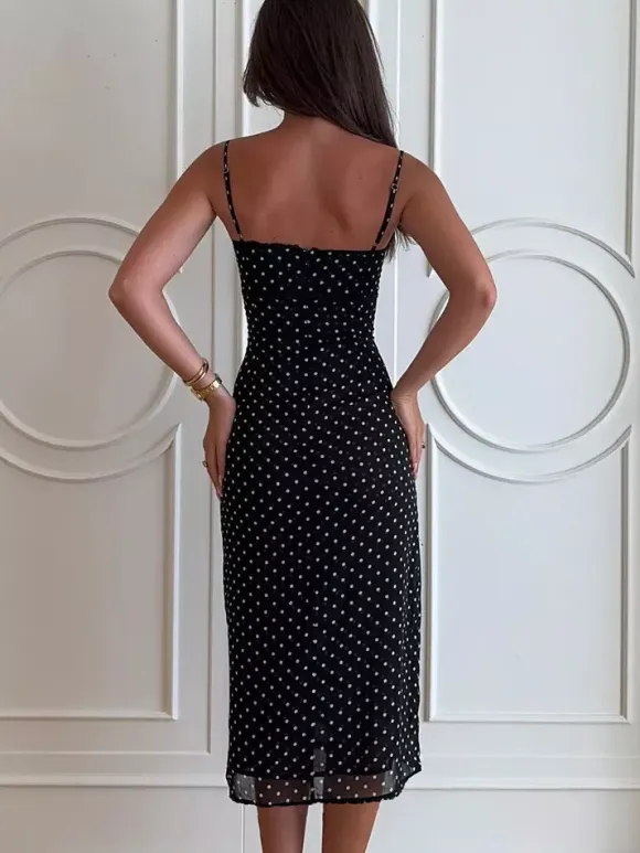 Daily Dresses Woman's Midi Dress Black Polyester Sleeveless Straps Neck Polka Dot Dress