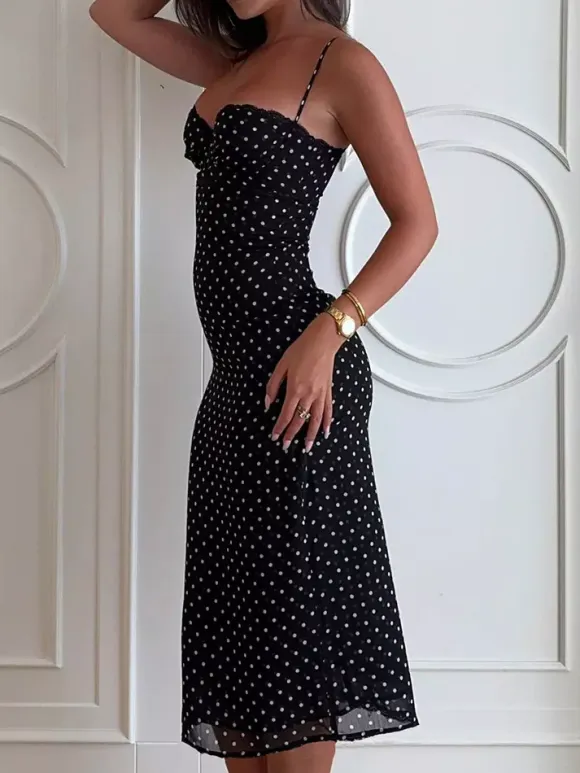 Daily Dresses Woman's Midi Dress Black Polyester Sleeveless Straps Neck Polka Dot Dress